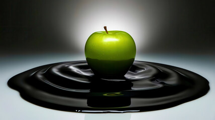 a green apple is floating on a dark blue liquid