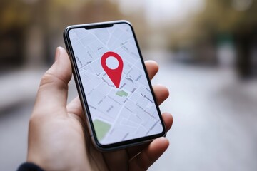 Poster - A male hand is gripping a smartphone that shows a map with a prominent red location pin in a city environment, suggesting navigation. Generative AI