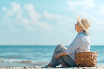 An elderly woman sits on the beach, enjoying the serene ocean view while wearing a straw hat and a light blue shirt, exuding tranquility and reflection