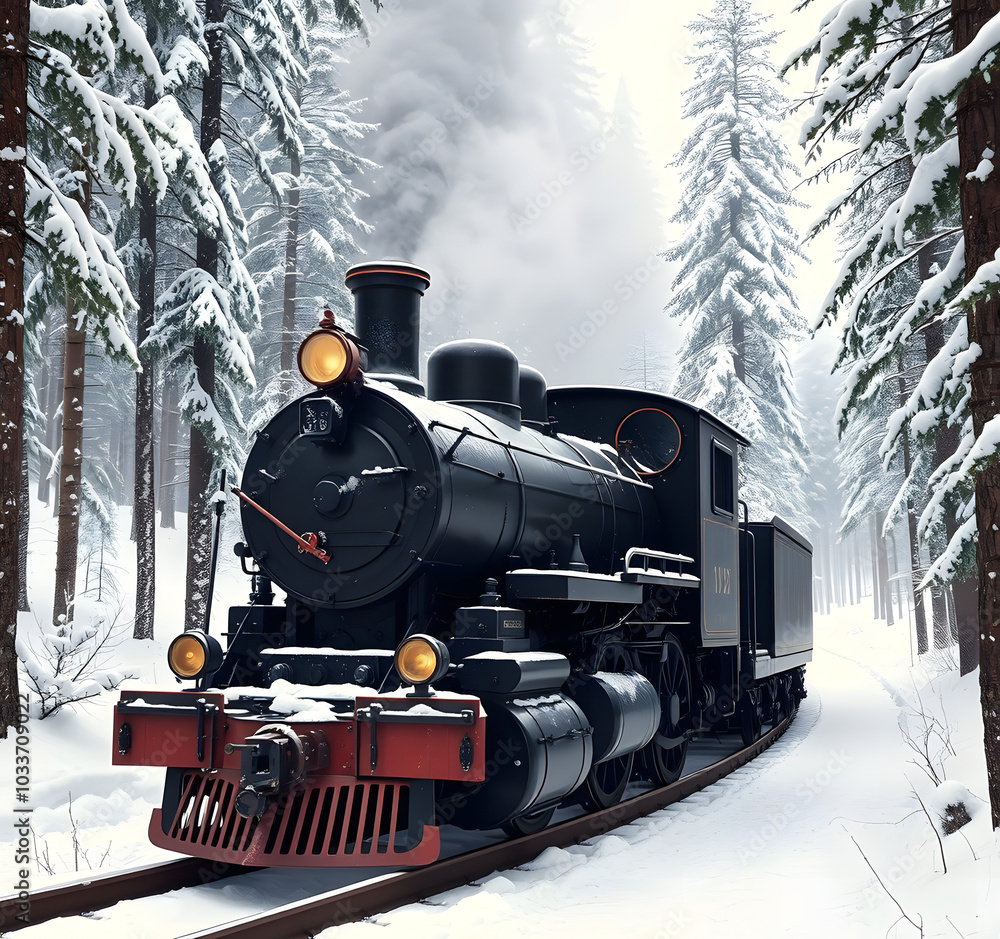 Old steam locomotive. Vintage black train moves through snowy forest at ...