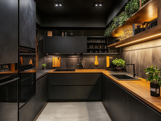 Modern black kitchen design featuring sleek cabinets and a cozy dining area for culinary adventures