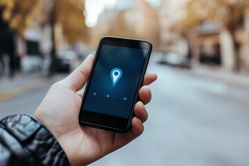 Poster - A hand is shown holding a smartphone that features a location pin, indicating a navigational action in a bustling urban area. Generative AI