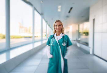 A smiling woman wearing a teal medical scrubs stands in a hospital hallway.