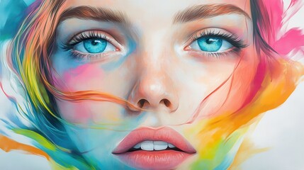 A colorful painting of a woman's face with blue eyes