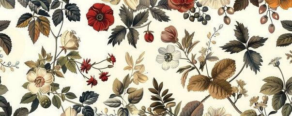 Wall Mural - seamless pattern background featuring a collection of vintage botanical illustrations with flowers m