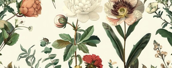 Wall Mural - seamless pattern background featuring a collection of vintage botanical illustrations with flowers m