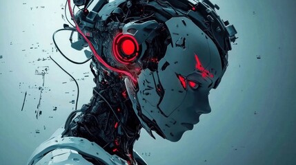 Poster - A Mechanical Head with Glowing Red Eyes and Exposed Wiring