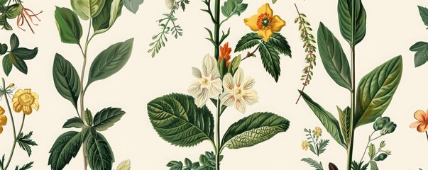 Wall Mural - seamless pattern background featuring a collection of vintage botanical illustrations with flowers m