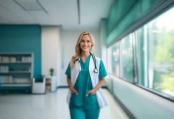 A female doctor wearing a white coat over a teal scrub top and a stethoscope smiles in a hallway.