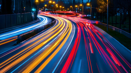 Night city road with long exposure traffic lights and motion effects -