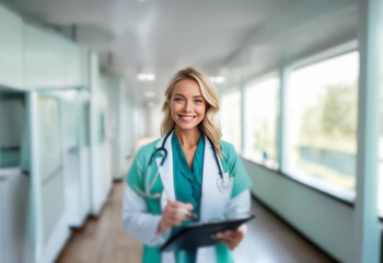 A smiling woman in a teal scrub top and white lab coat stands in a hospital hallway, holding a clipboard and a pen.