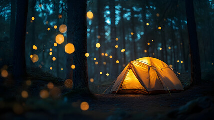 1. an orange tent radiates warmth from its interior, nestled within an enchanting forest adorned wit
