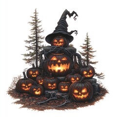 A spooky Halloween display featuring carved pumpkins with glowing faces, a witch's hat atop, surrounded by dark, twisted roots and pine trees.