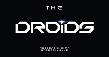 Aufkleber - Geometric futuristic font, bold angular letters, tech robotic inspired design for gaming logos, sci-fi branding, innovative typography. Vector typeset