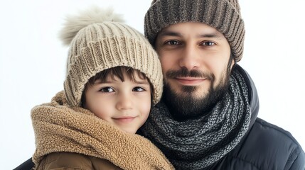 A father and son are smiling at the camera while wearing winter clothing.