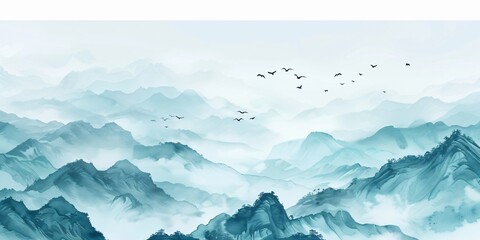 Illustration of traditional Chinese landscape featuring majestic mountains and ancient architecture, embodying the essence of Chinese art and culture. A serene depiction of harmony between nature and 