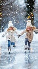 Two children enjoy skating on an ice rink during winter, wearing warm coats and hats. Their laughter fills the air as they create memorable moments in the cold