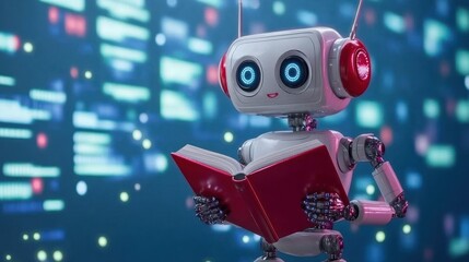Aufkleber - White Robot Holding a Red Book with a Blue Background