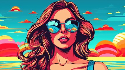 summer girl with sunglasses in summer colorful illustration