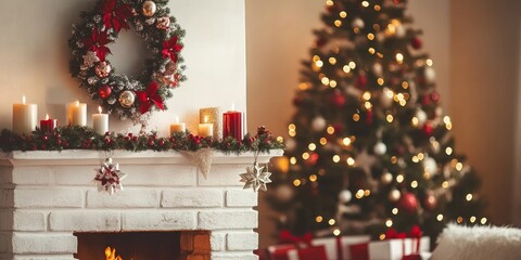 Wall Mural - Christmas composition on the shelf in the living room interior. Beautiful decoration. Christmas trees, candles, stars, light and elegant accessories. Merry Christmas and Happy Holidays, Generative AI