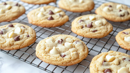 Freshly baked white chocolate chip cookies on a cooling rack, with melted chocolate glistening on the tops. Light kitchen background. --chaos