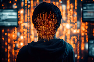 Poster - Rear view of a hacker in a dark room with computer screens, highlighted by digital orange code, representing cybersecurity and hacking.