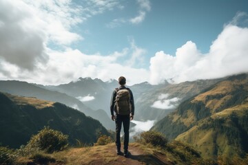 Canvas Print - Outdoors backpacking adventure standing.