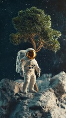 Wall Mural - lonely astronaut in the natural world. exploration concept with spaceman and tree