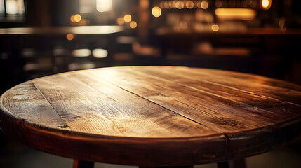 Wall Mural - Rustic wooden round table surface in warm luxury style cafe. Blur bokeh background with copy space for place display product.