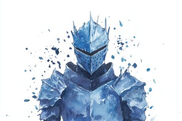 watercolor illustration of a blue knight in armor with vibrant splashes, isolated background