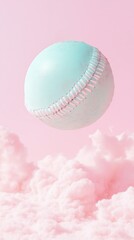 Sports background in pastel colors, a baseball ball floating in the sky in pastel blue, pink clouds in the background. Phone wallpaper