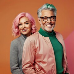  Cheerful American senior man in glasses and jacket with gray hair standing near pink haired woman