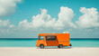 © Sabana - Bright orange food truck parked on a sandy beach with turquoise waters and a clear sky