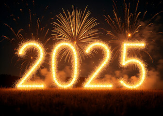 Fototapete - A bright golden Happy New Year 2025 message is set amidst a dazzling display of fireworks erupting across the starry night sky suddenly.