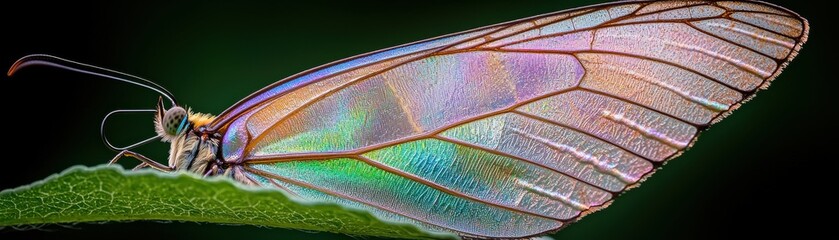 Close-up of a colorful butterfly wing on a green leaf.