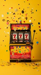 Yellow background with three sevens casino slot machine on screen with space for text or inscriptions with levitating coins and confetti