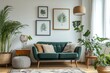 © MG - Modern scandinavian home interior with design wooden commode, plants in black pots, gray sofa, books and personal accessories. Stylish home decor. Template. Copy space. White, Generative AI