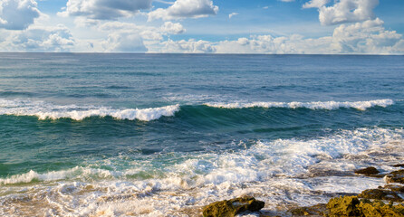 Poster - View of an Indian Ocean lagoon with tropical vegetation on the shore, a sandy beach and a coral reef. Sri Lanka.