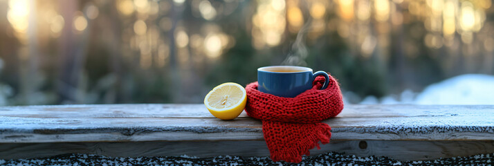 Blue mug of hot drink with lemon wrapped in red scarf on wooden table against blurred winter forest background. Vertical banner with copyspace, sunlight, warming tea, anti-cold advertisement