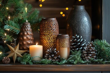 Wall Mural - Christmas composition on the shelf in the living room interior. Beautiful decoration. Christmas trees, candles, stars, light and elegant accessories. Merry Christmas and Happy Holidays, Generative AI