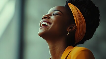 Canvas Print - Joyful Woman Smiling in Bright Yellow Outfit