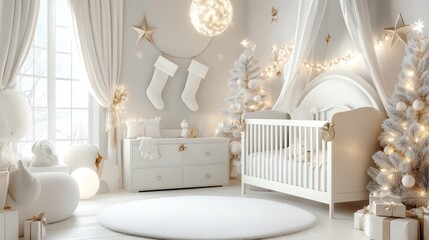 A cozy nursery adorned with Christmas garlands, stockings, and a small tree creates a festive atmosphere for a winter celebration