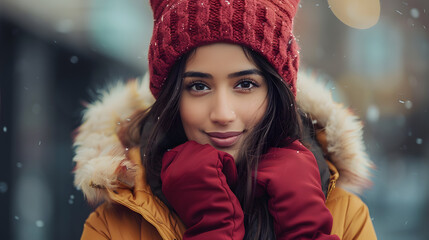 Beautiful Indian woman in maroon winter jacket