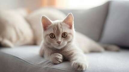 portrait of cute fluffy kitten on the sofa