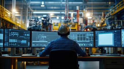 Engineer in control room monitoring industrial operations on multiple screens