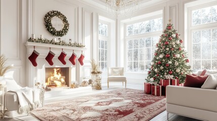 A cozy traditional living room adorned with a fireplace, stockings, and a beautifully decorated Christmas tree glowing in winter light