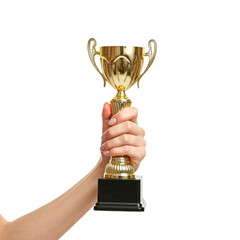 hand holding a gold cup, hand holding golden trophy cup on white background.