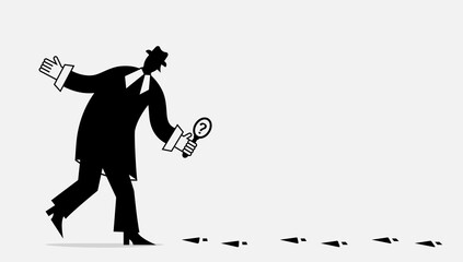 Person in hat and business black suit with magnifying glass looks at own footprints. Concept of finding and analyzing own mistakes. Detective, inspector, employee. Vector flat illustration.