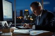 © irawan - Businessman working late at night in his office, analyzing data with a calculator