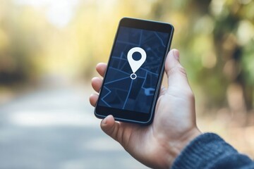 Poster - A person is using a mobile phone outdoors, showing a location pin on the screen while exploring the area around them. Generative AI